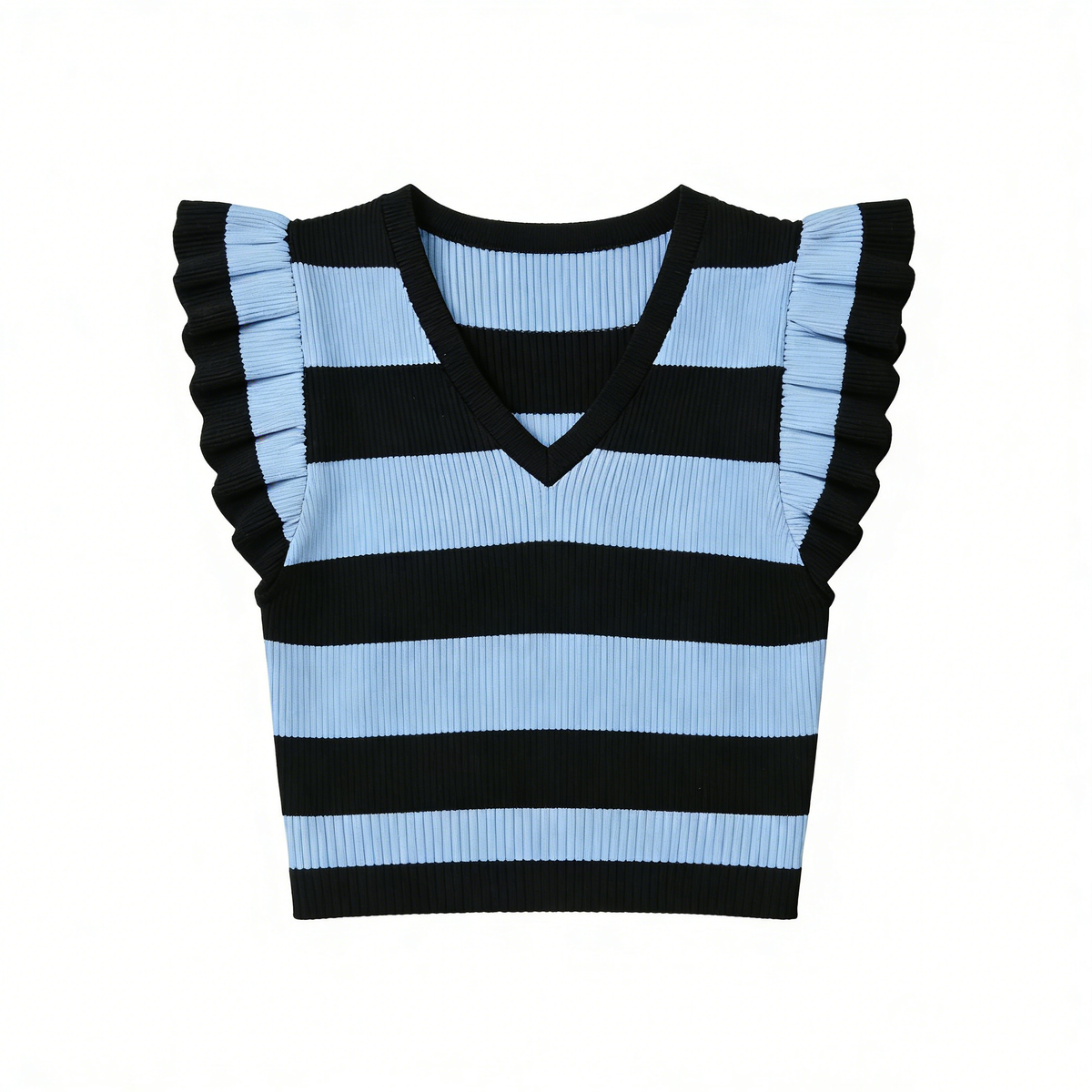 Retro Striped Ruffle Sleeve Cropped Knit Blouse