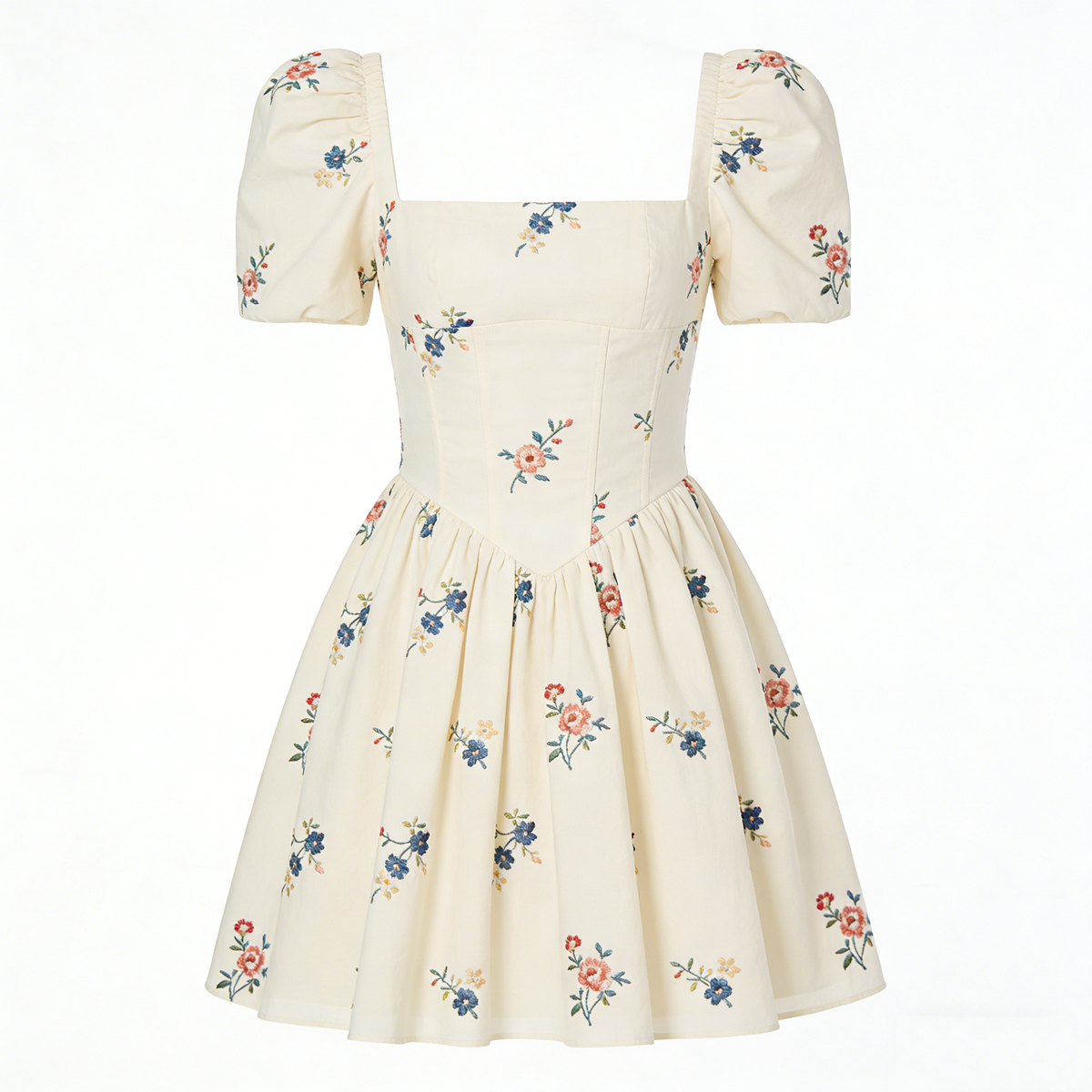 Cream Floral Embroidered Square Neck Mini Dress