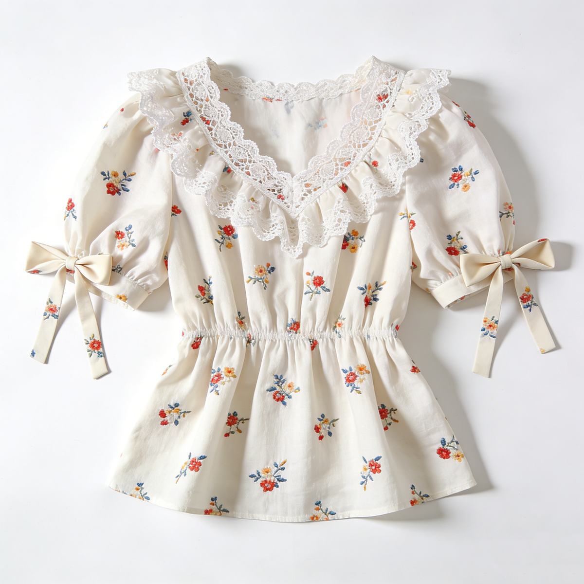 Cream Floral Lace Puff Sleeve Waist-Cinching Blouse