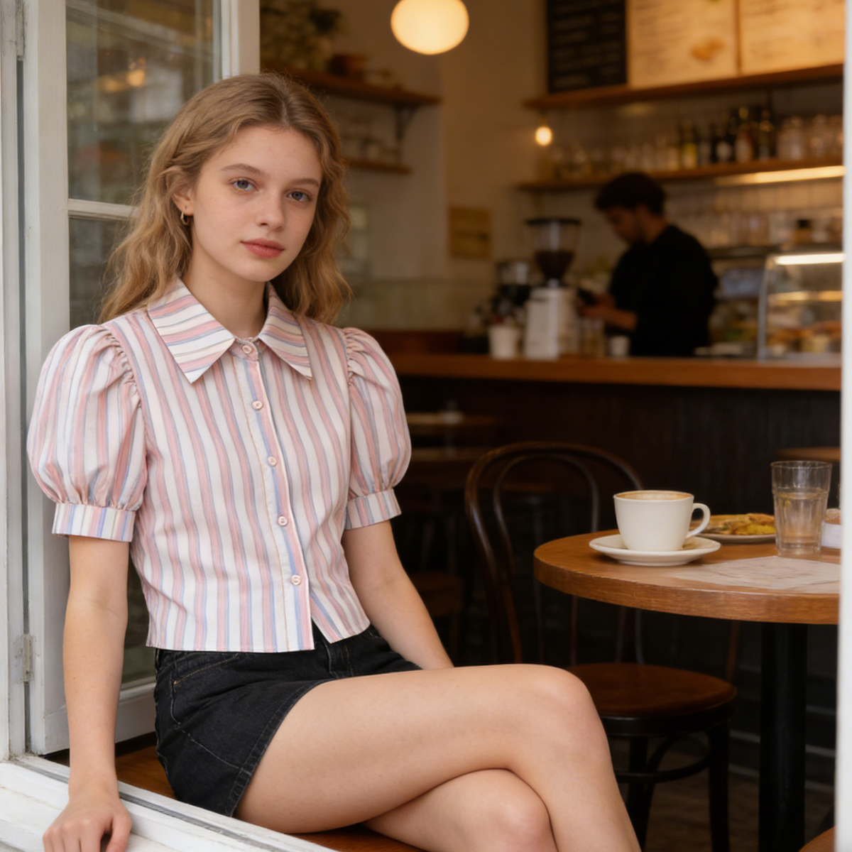 Pink & White Striped Puff Sleeve Blouse