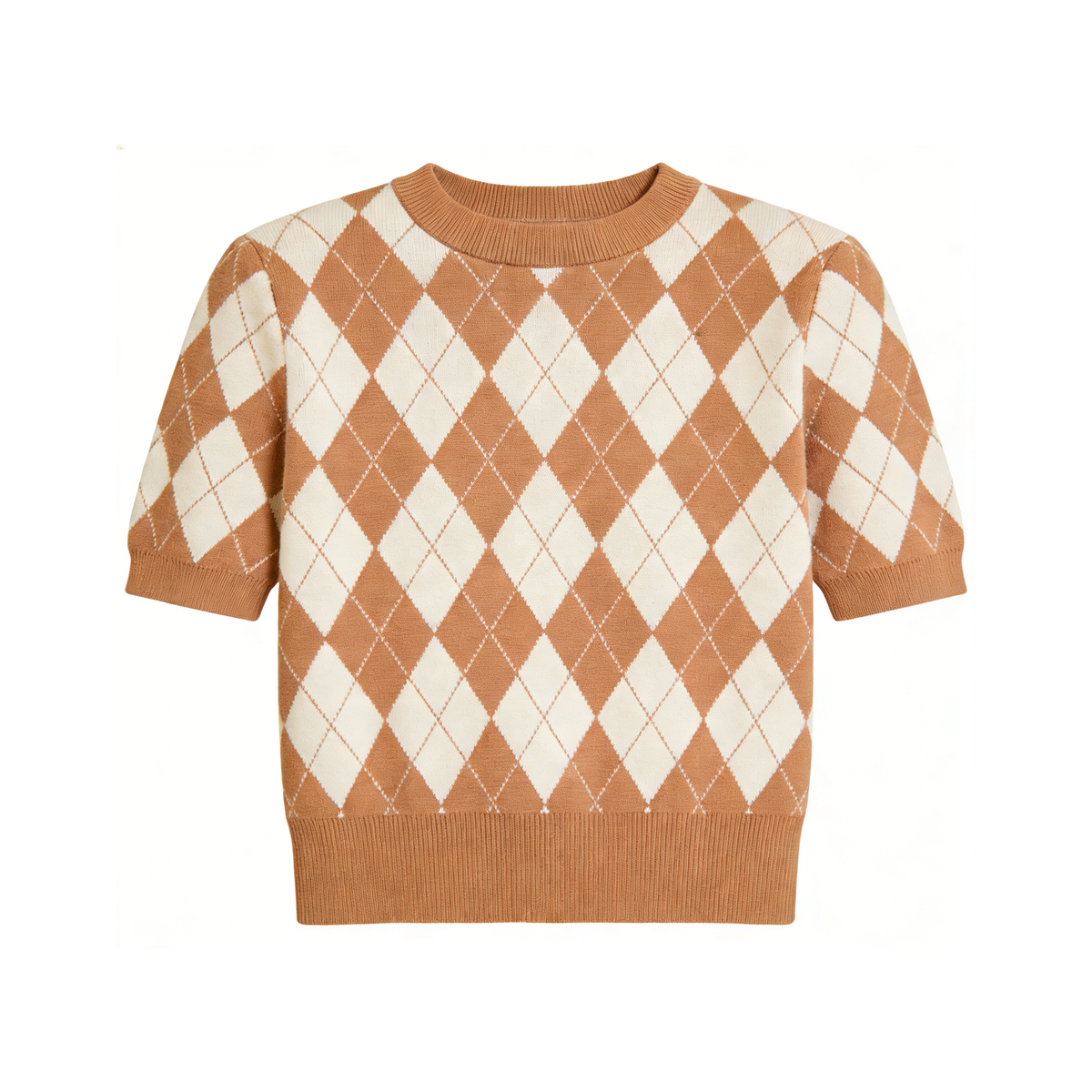 Brown & White Argyle Knit Short Sleeve Top