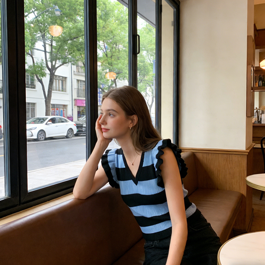 Retro Striped Ruffle Sleeve Cropped Knit Blouse