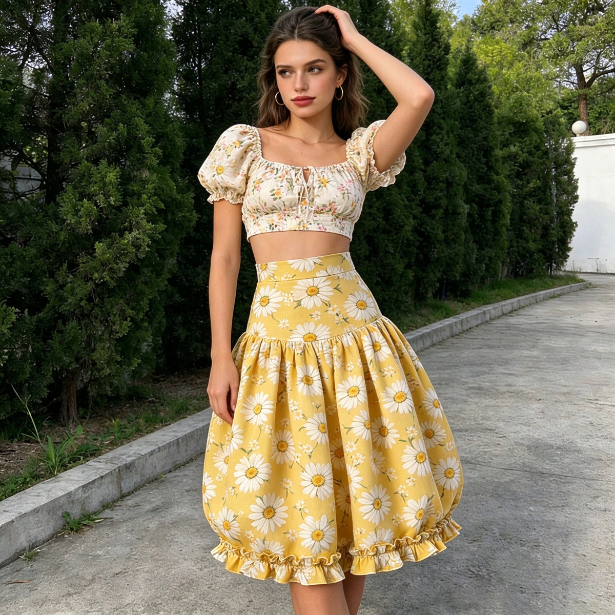 Yellow Daisy Ruffled Midi Skirt