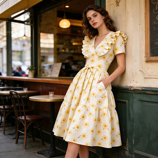 Cream Floral Ruffled V-Neck Tiered Dress