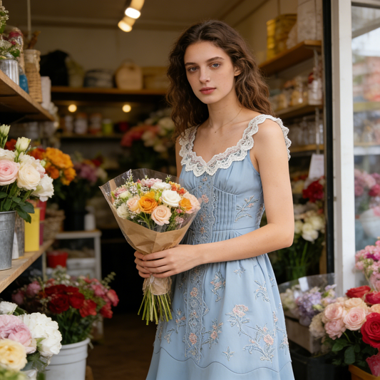 Blue Lace V Neck Floral Dress